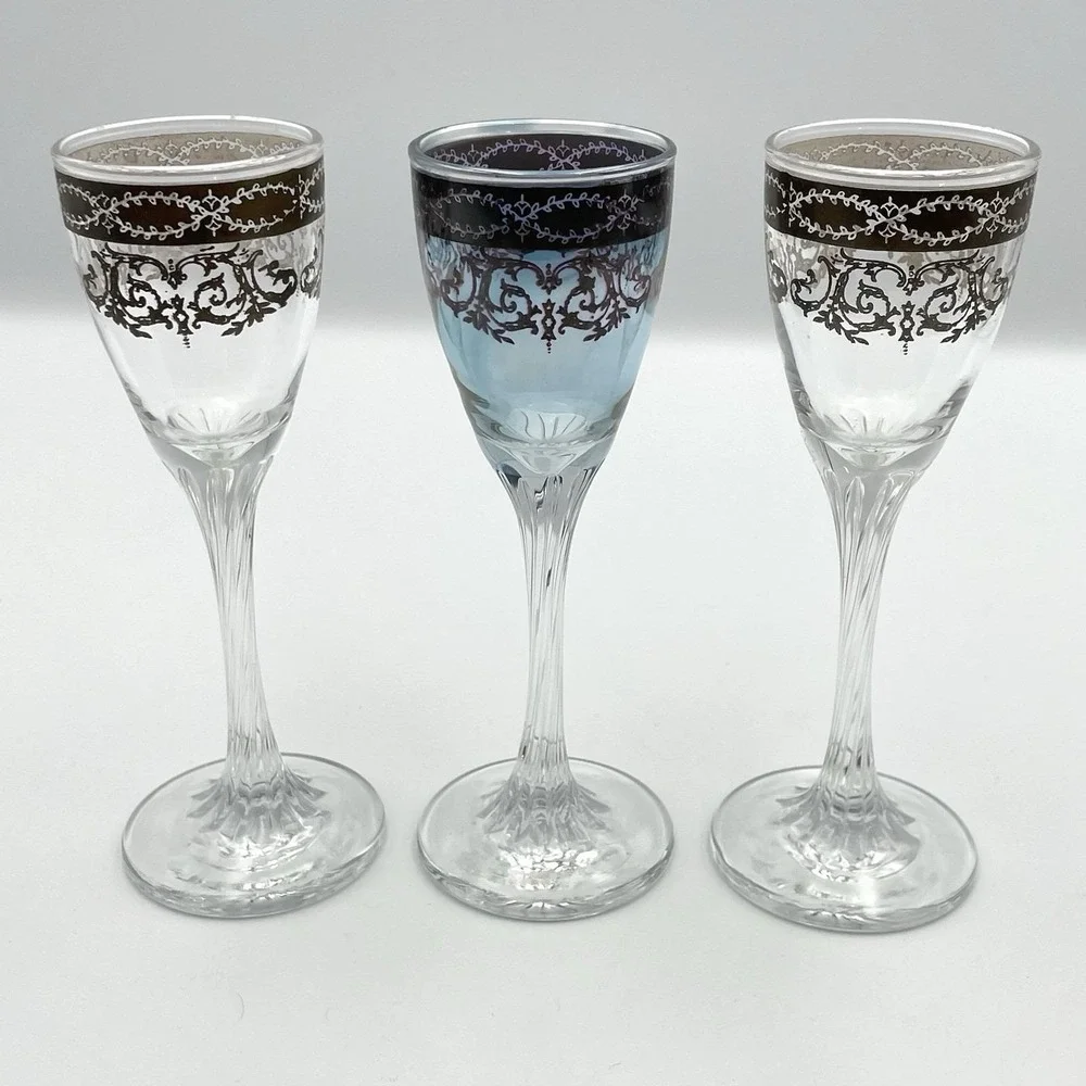 Vintage 1960s Italian Platinum Overlay Cordial Liquor Glasses Set of 3 Decorated
